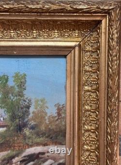 Ancien tableau Paysage village méridional, huile sur panneau 19ème cadre doré