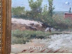 Ancien tableau Paysage village méridional, huile sur panneau 19ème cadre doré