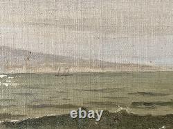 Ancien tableau XIX 19 marine bord de mer animé bretagne bateau port peinture hst