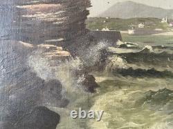 Ancien tableau XIX 19 marine bord de mer animé bretagne bateau port peinture hst