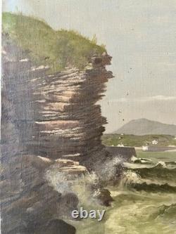 Ancien tableau XIX 19 marine bord de mer animé bretagne bateau port peinture hst