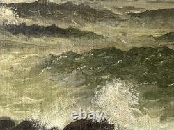 Ancien tableau XIX 19 marine bord de mer animé bretagne bateau port peinture hst