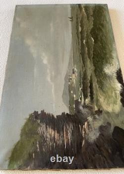 Ancien tableau XIX 19 marine bord de mer animé bretagne bateau port peinture hst