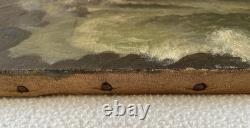 Ancien tableau XIX 19 marine bord de mer animé bretagne bateau port peinture hst
