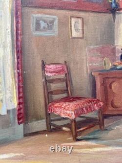 Ancien tableau XIX XX 19 scène d'intérieur portrait maison nature morte peinture
