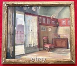 Ancien tableau XIX XX scène d'intérieur portrait maison nature morte peinture