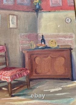 Ancien tableau XIX XX scène d'intérieur portrait maison nature morte peinture