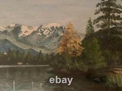 Ancien tableau XIX / Xx paysage lacustre Les Alpes Suisse signé