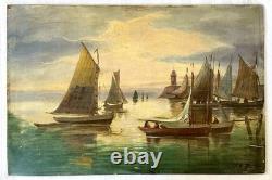 Ancien tableau XIX marine mer bateau Bretagne scène port animé breton peinture