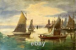 Ancien tableau XIX marine mer bateau Bretagne scène port animé breton peinture