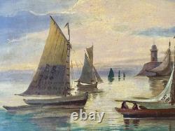 Ancien tableau XIX marine mer bateau Bretagne scène port animé breton peinture