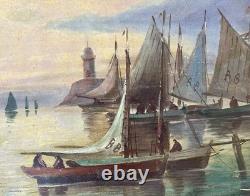 Ancien tableau XIX marine mer bateau Bretagne scène port animé breton peinture