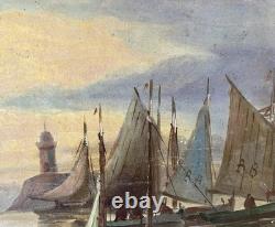 Ancien tableau XIX marine mer bateau Bretagne scène port animé breton peinture