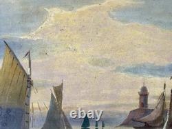 Ancien tableau XIX marine mer bateau Bretagne scène port animé breton peinture