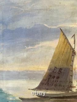 Ancien tableau XIX marine mer bateau Bretagne scène port animé breton peinture