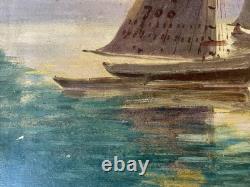 Ancien tableau XIX marine mer bateau Bretagne scène port animé breton peinture