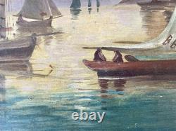 Ancien tableau XIX marine mer bateau Bretagne scène port animé breton peinture