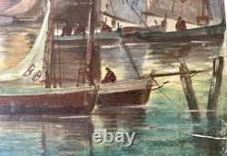 Ancien tableau XIX marine mer bateau Bretagne scène port animé breton peinture