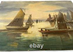 Ancien tableau XIX marine mer bateau Bretagne scène port animé breton peinture