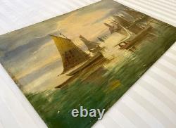 Ancien tableau XIX marine mer bateau Bretagne scène port animé breton peinture