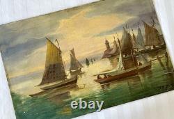 Ancien tableau XIX marine mer bateau Bretagne scène port animé breton peinture
