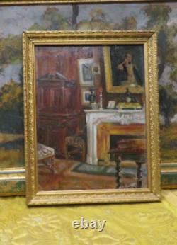 Ancien tableau XIXe huile sur carton interieur d un salon bourgeois du XIXe