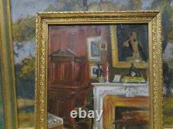 Ancien tableau XIXe huile sur carton interieur d un salon bourgeois du XIXe