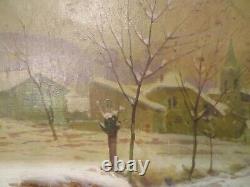 Ancien tableau XIXe huile sur toile par million attelage paysage de neige