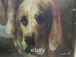 Ancien tableau anglais huile sur toile chiens chasse des Pyrénées C HARDING XIXe