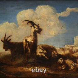 Ancien tableau chèvres peinture moutons paysage huile sur toile 18ème siècle