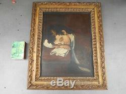 Ancien tableau encadré, huile sur bois, portrait d'enfant endormi sur son livre