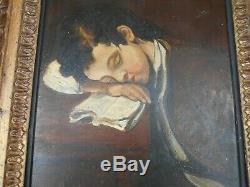Ancien tableau encadré, huile sur bois, portrait d'enfant endormi sur son livre