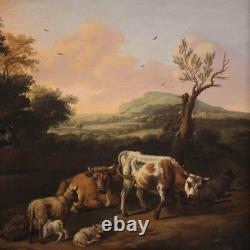 Ancien tableau flamand peinture huile sur toile paysage bucolique 18ème siècle