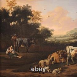 Ancien tableau flamand peinture huile sur toile paysage bucolique 18ème siècle