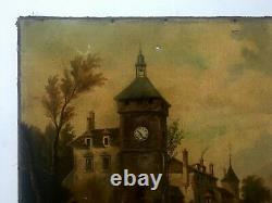 Ancien tableau horloge, Huile sur toile à restaurer, Peinture, Paysage, XIXe
