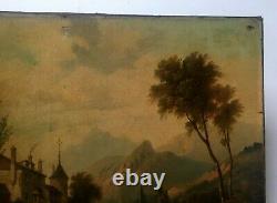 Ancien tableau horloge, Huile sur toile à restaurer, Peinture, Paysage, XIXe