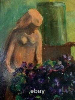 Ancien tableau huile début XX nature Morte sculpture femme nue signé