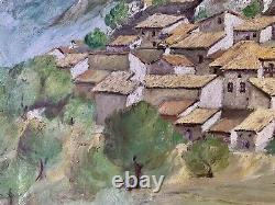 Ancien tableau huile paysage fauvisme montagne maisons village Corse signé