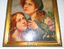 Ancien tableau huile sur bois-Cadre en bois doré-Femmes priants-Religion