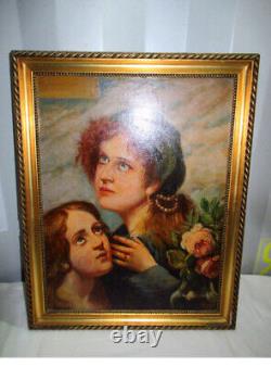 Ancien tableau huile sur bois-Cadre en bois doré-Femmes priants-Religion