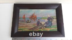 Ancien tableau huile sur bois MARINE PECHEURS BRETONS signé L JESSENT