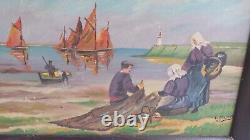 Ancien tableau huile sur bois MARINE PECHEURS BRETONS signé L JESSENT