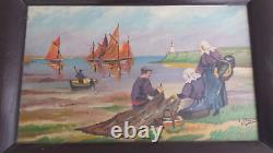 Ancien tableau huile sur bois MARINE PECHEURS BRETONS signé L JESSENT