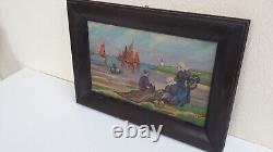 Ancien tableau huile sur bois MARINE PECHEURS BRETONS signé L JESSENT