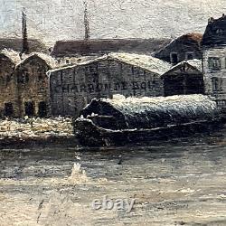 Ancien tableau huile sur bois la seine avant paris paysage de neige bateau