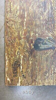 Ancien tableau huile sur bois paysage de campagne LA FENAISON signé V MOIRIAT
