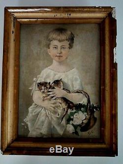 Ancien tableau huile sur carton la fillette aux chatons signé Hulin fin XIXe