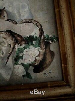 Ancien tableau huile sur carton la fillette aux chatons signé Hulin fin XIXe