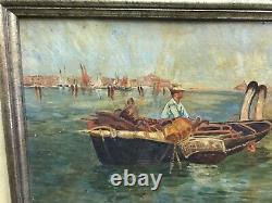 Ancien tableau huile sur panneau méditerranée Italie Sorrento Pêcheur à Sorrente