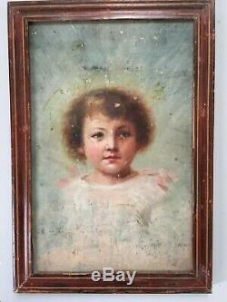 Ancien tableau huile sur panneau portrait de jeune fille XIXe